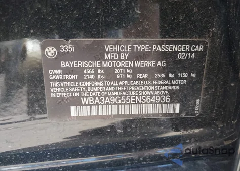 2014 BMW 335I from USA, damaged, VIN WBA3A9G55ENS64936